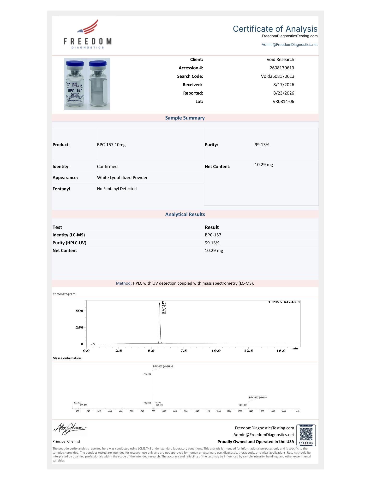 BPC-157 certificate of analysis, page 1