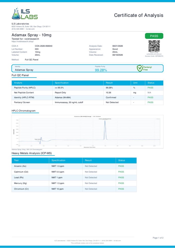ADAMAX-SPRAY certificate of analysis, page 1
