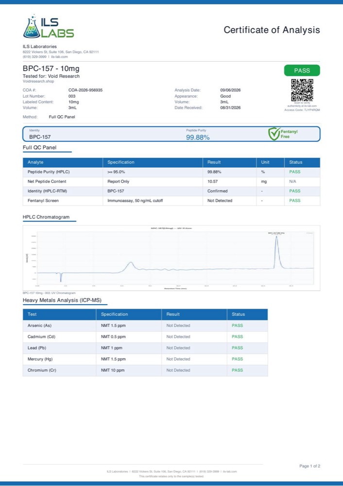 BPC-157 certificate of analysis, page 1