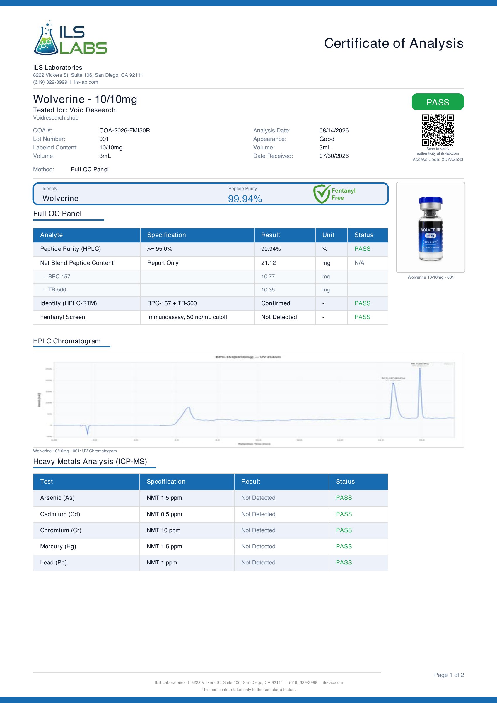 BPC-157/TB-500 certificate of analysis, page 1