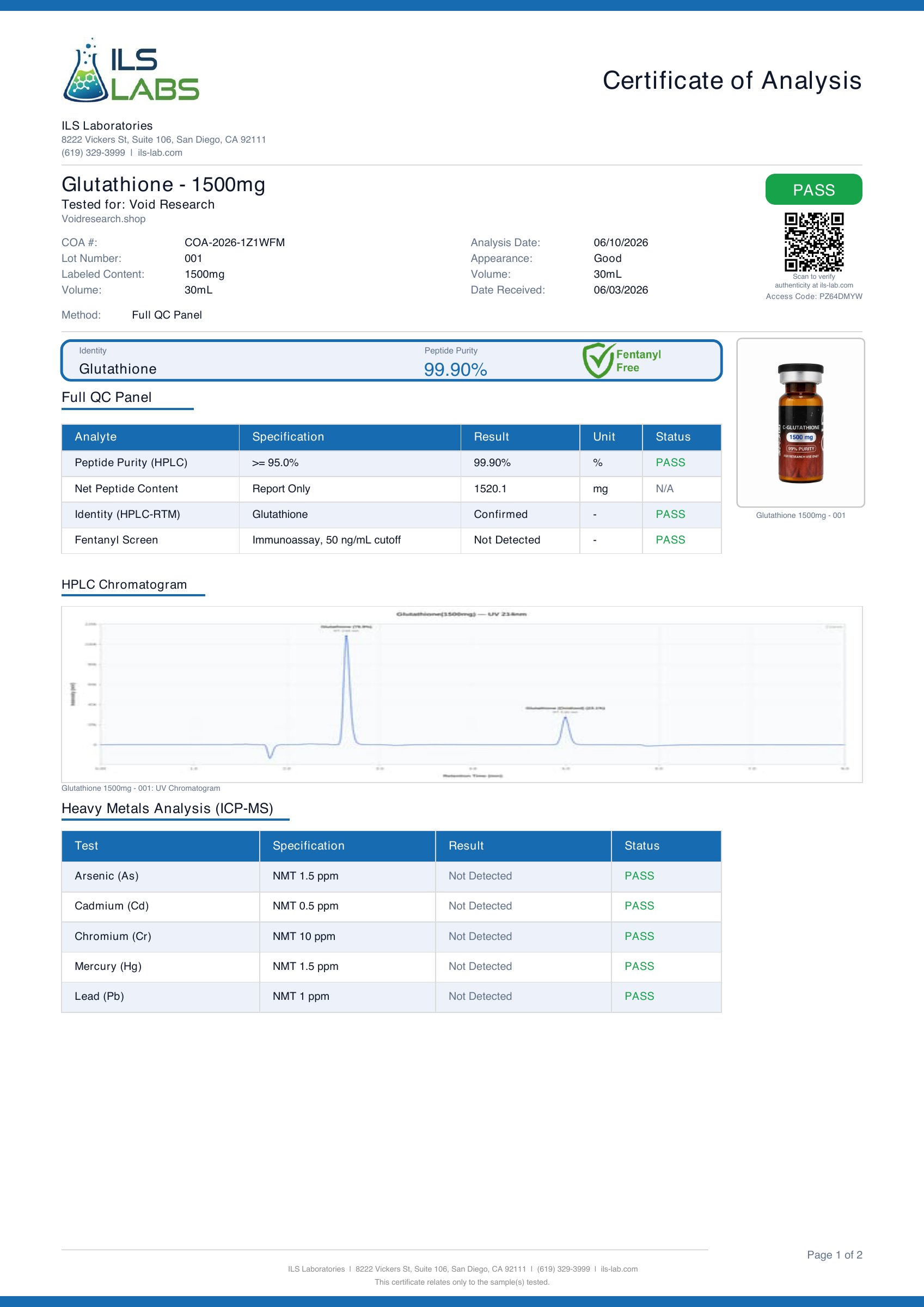 GLUTATHIONE certificate of analysis, page 1