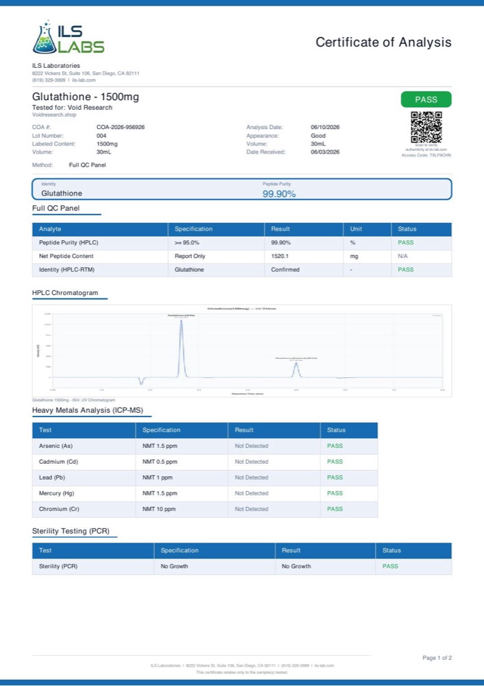 GLUTATHIONE certificate of analysis, page 1