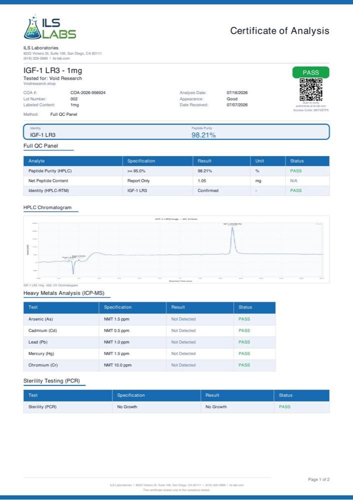 IGF1-LR3 certificate of analysis, page 1