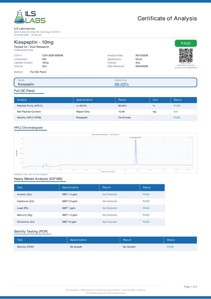KISSPEPTIN certificate of analysis, page 1