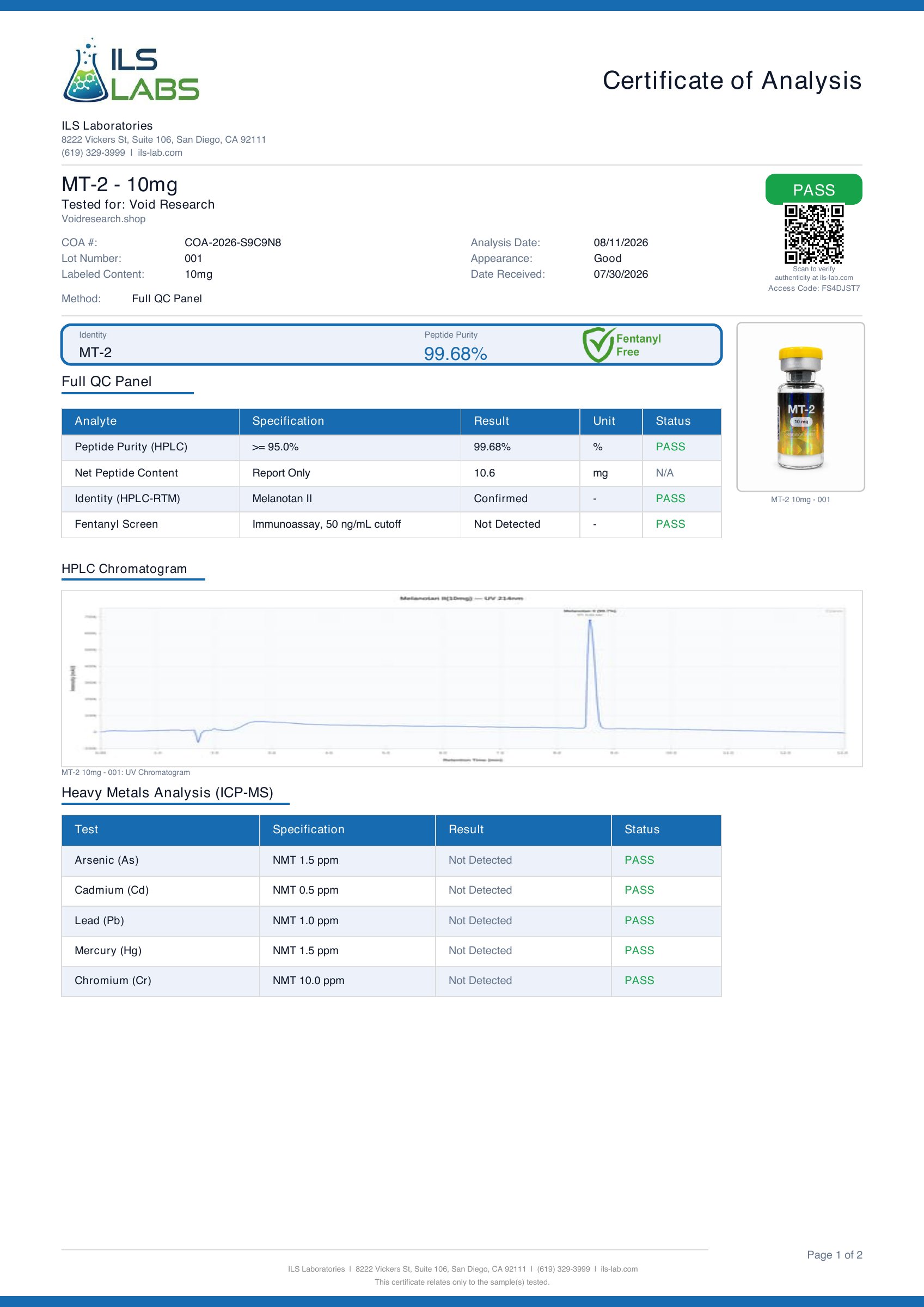 MT-2 certificate of analysis, page 1