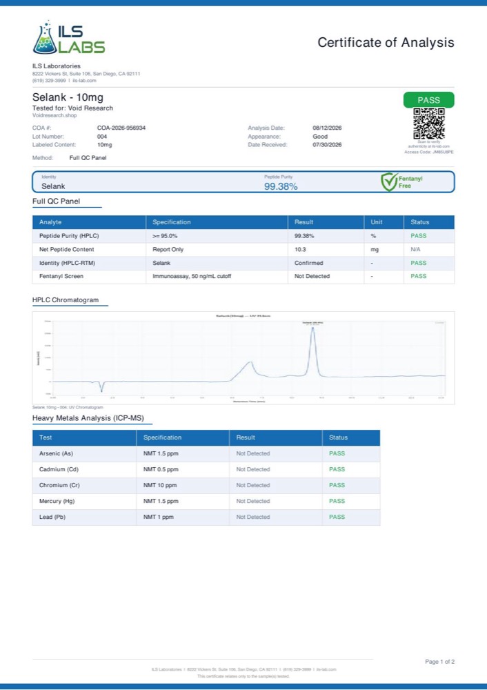 SELANK certificate of analysis, page 1
