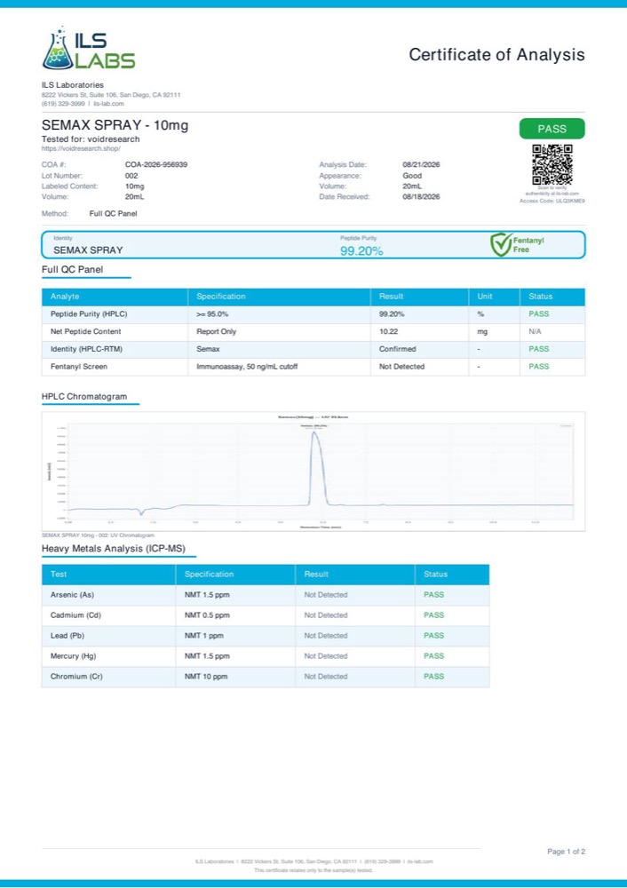 SEMAX-SPRAY certificate of analysis, page 1