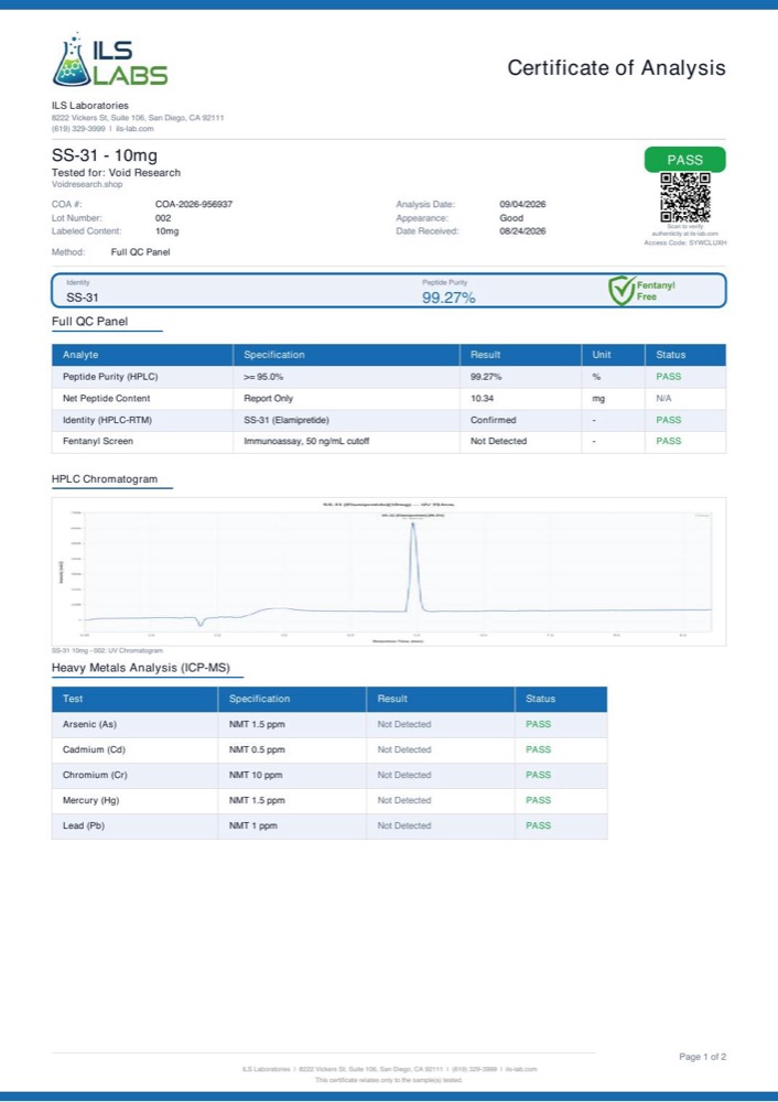SS-31 certificate of analysis, page 1