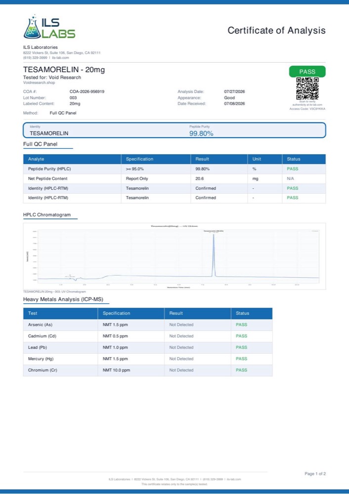 TESAMORELIN certificate of analysis, page 1