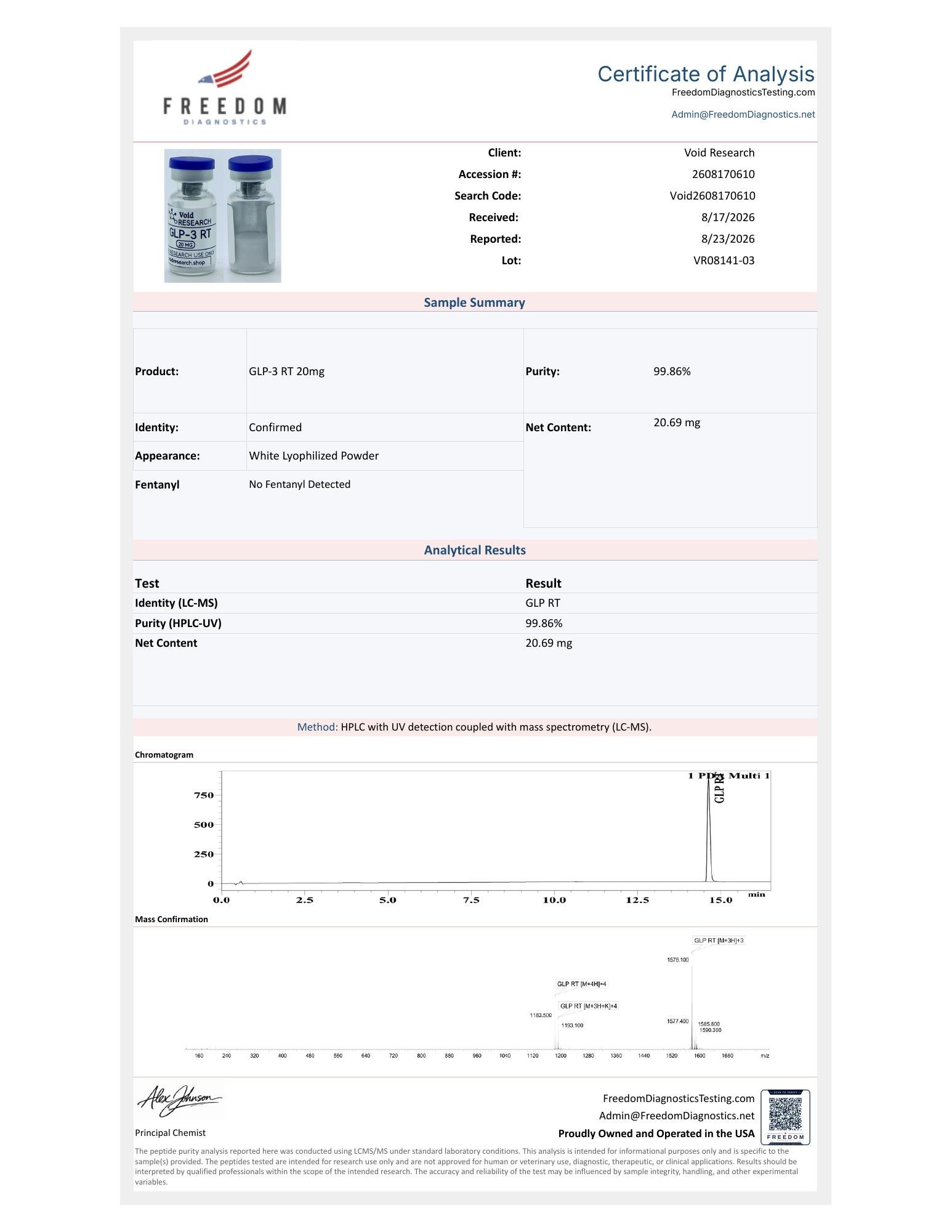 GLP-3 RT certificate of analysis, page 1