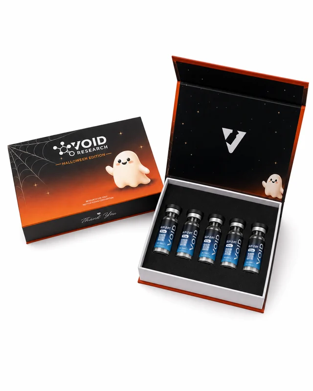 The Void Research Box, Halloween edition: an orange and black magnetic box, open, five vials in black foam