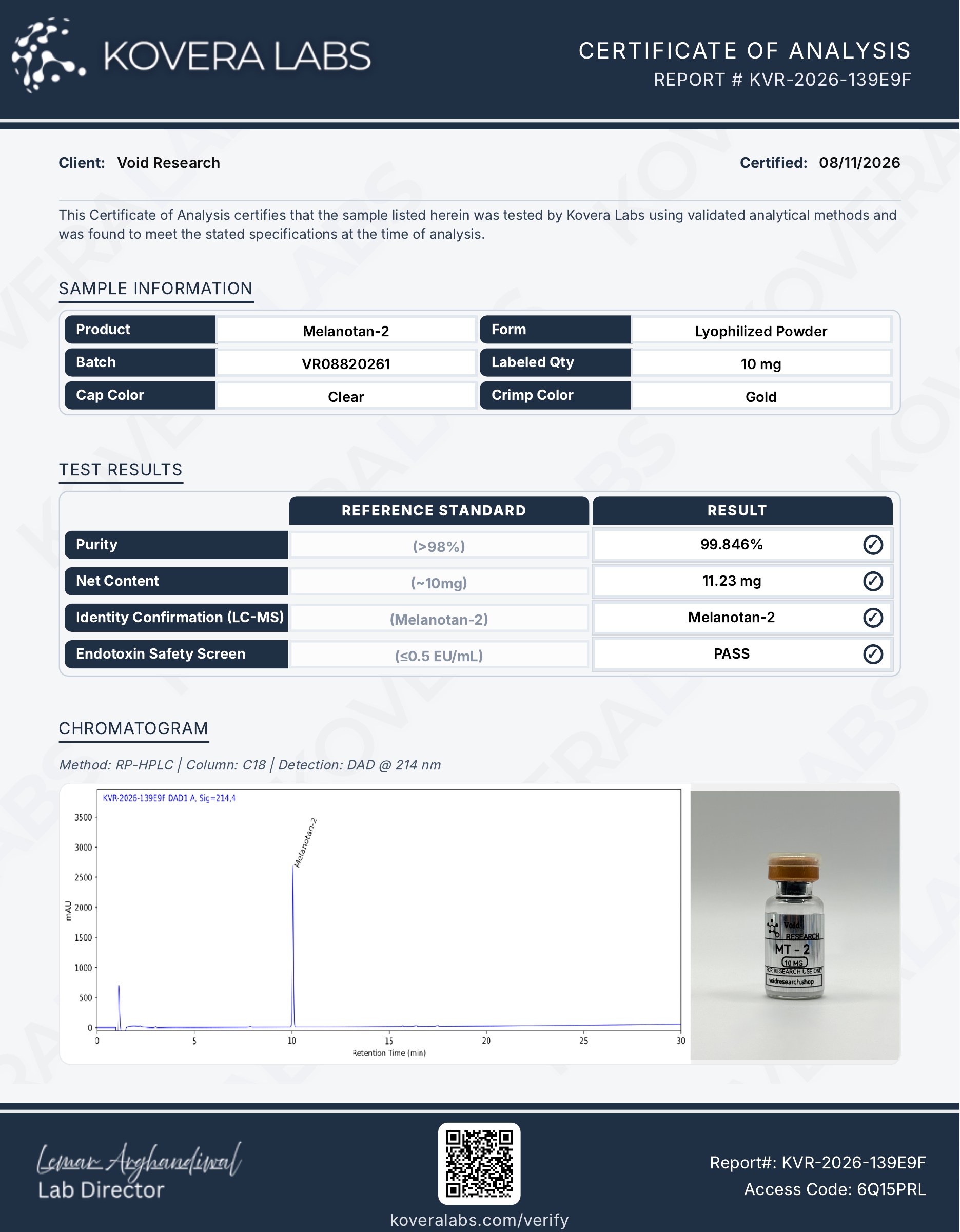 MT-2 certificate of analysis, page 1