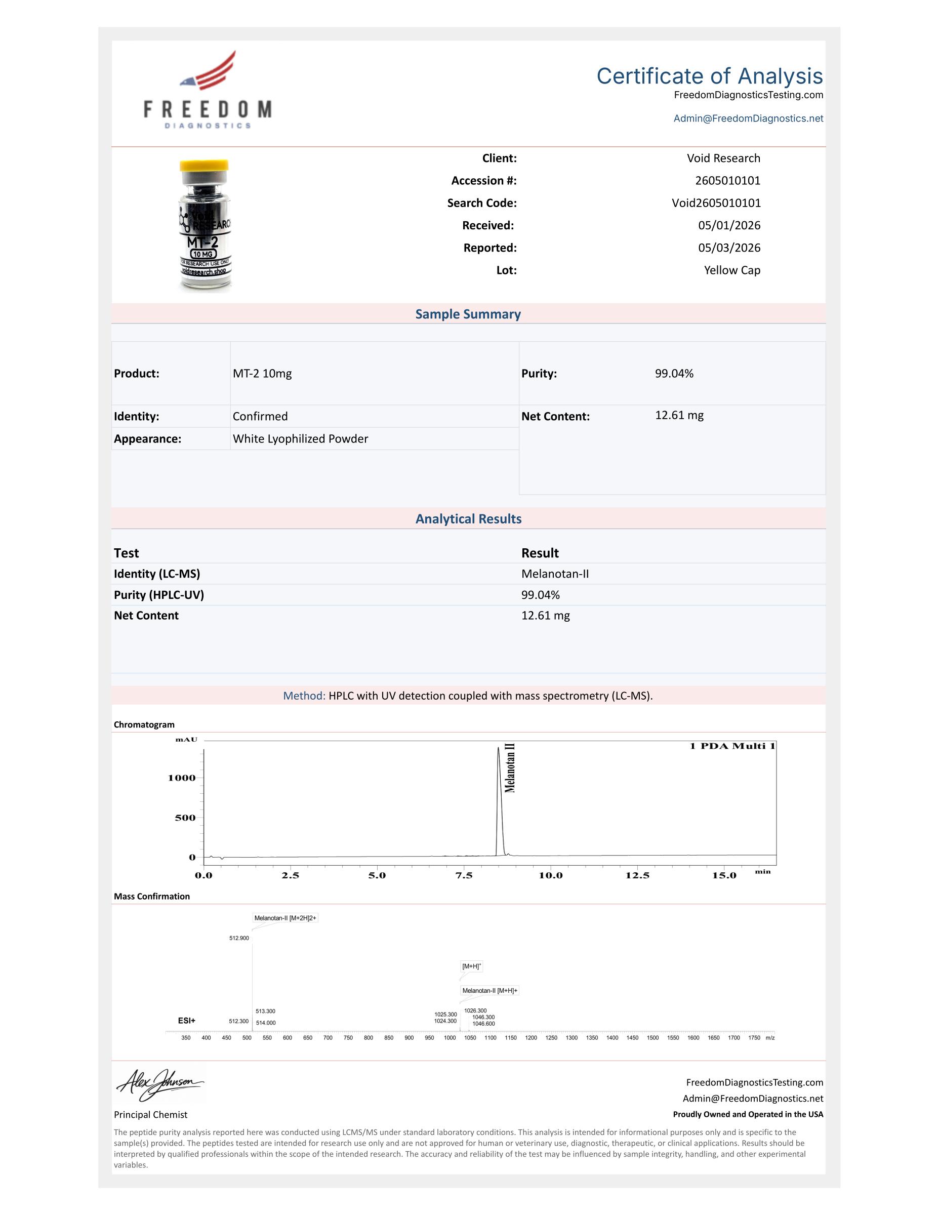 MT-2 certificate of analysis, page 1