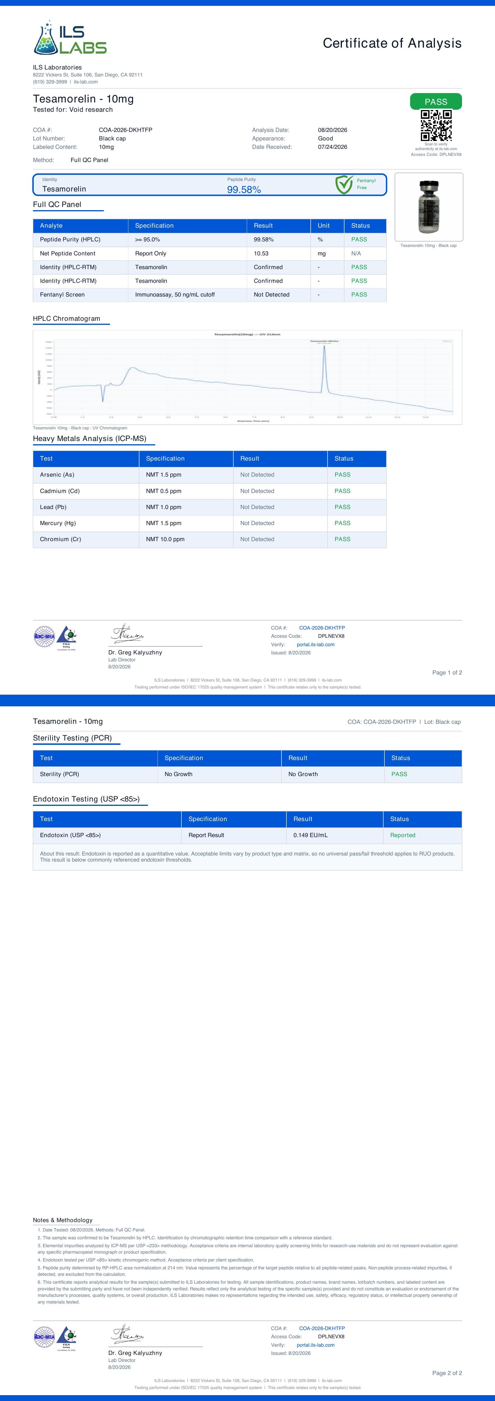 TESAMORELIN certificate of analysis, page 1